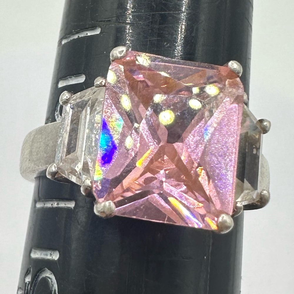 925 sterling silver pink clear jumbo CZs cubic zirconia 3 stone ring